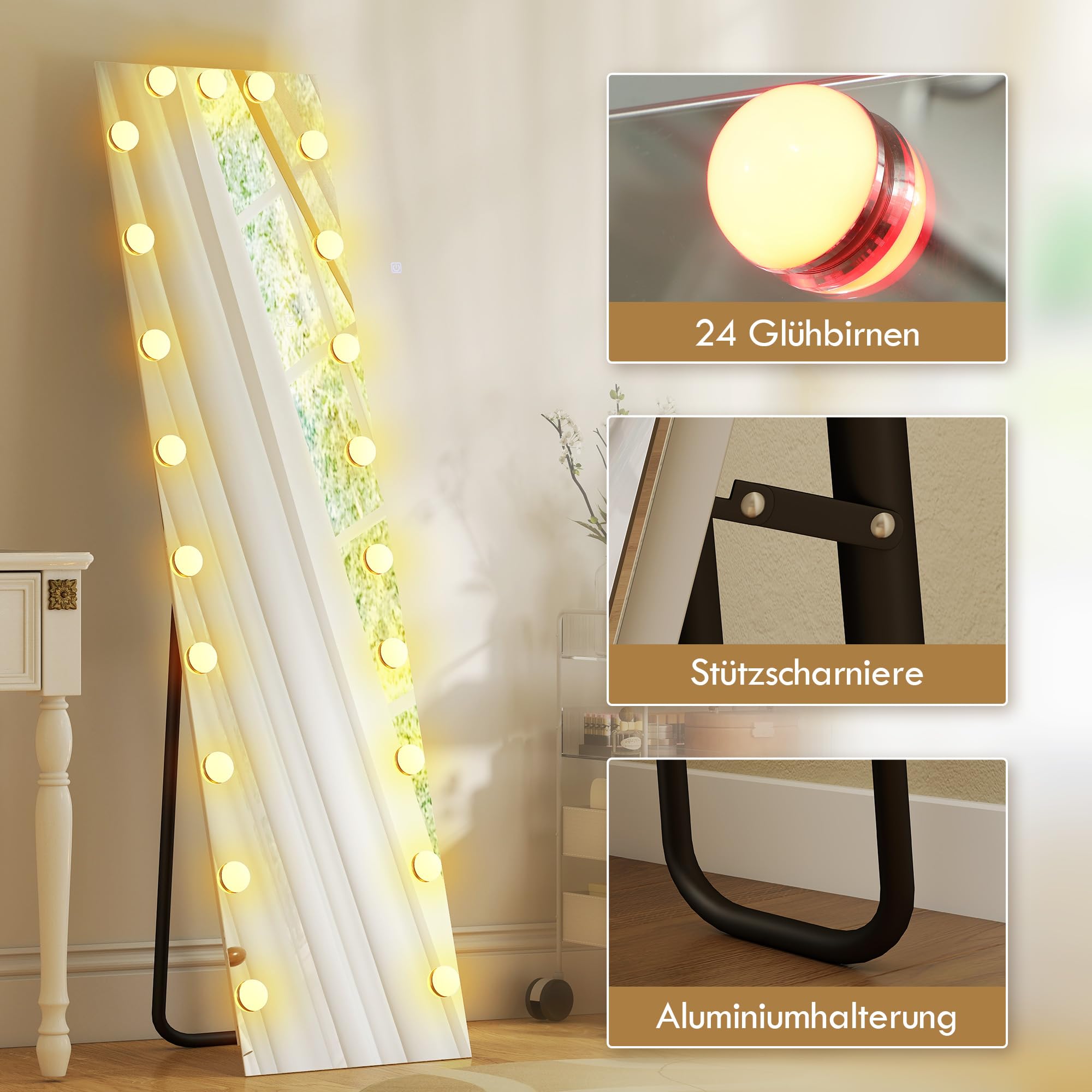 HOMCOM Ganzkörperspiegel 150 x 40 cm RGB-LED Standspiegel mit 21 Glühbirnen 7 Lichtfarbe Hollywood Wandspiegel mit Touch-Schalter, Memory-Funktion anlehnbar Spiegel für Schlafzimmer Wohnzimmer