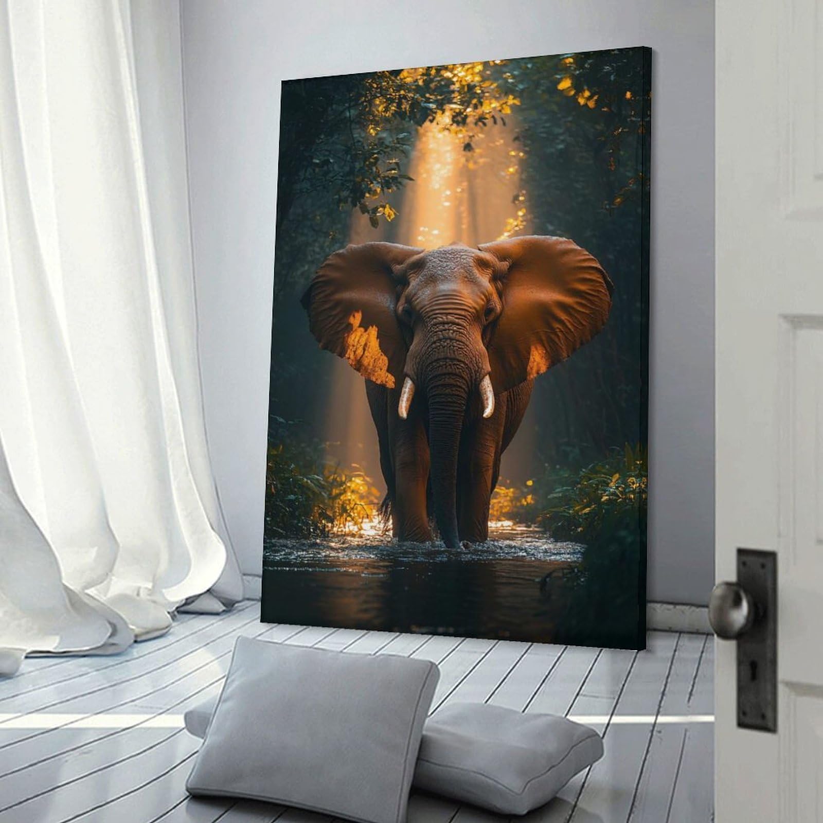 Junmoney Elephant in The Jungle River Canvas Wall Decor, 24x36inch(60x90cm), for Art Walls, Layered Displays Or Homes, Home Wall Art for Statement Displays