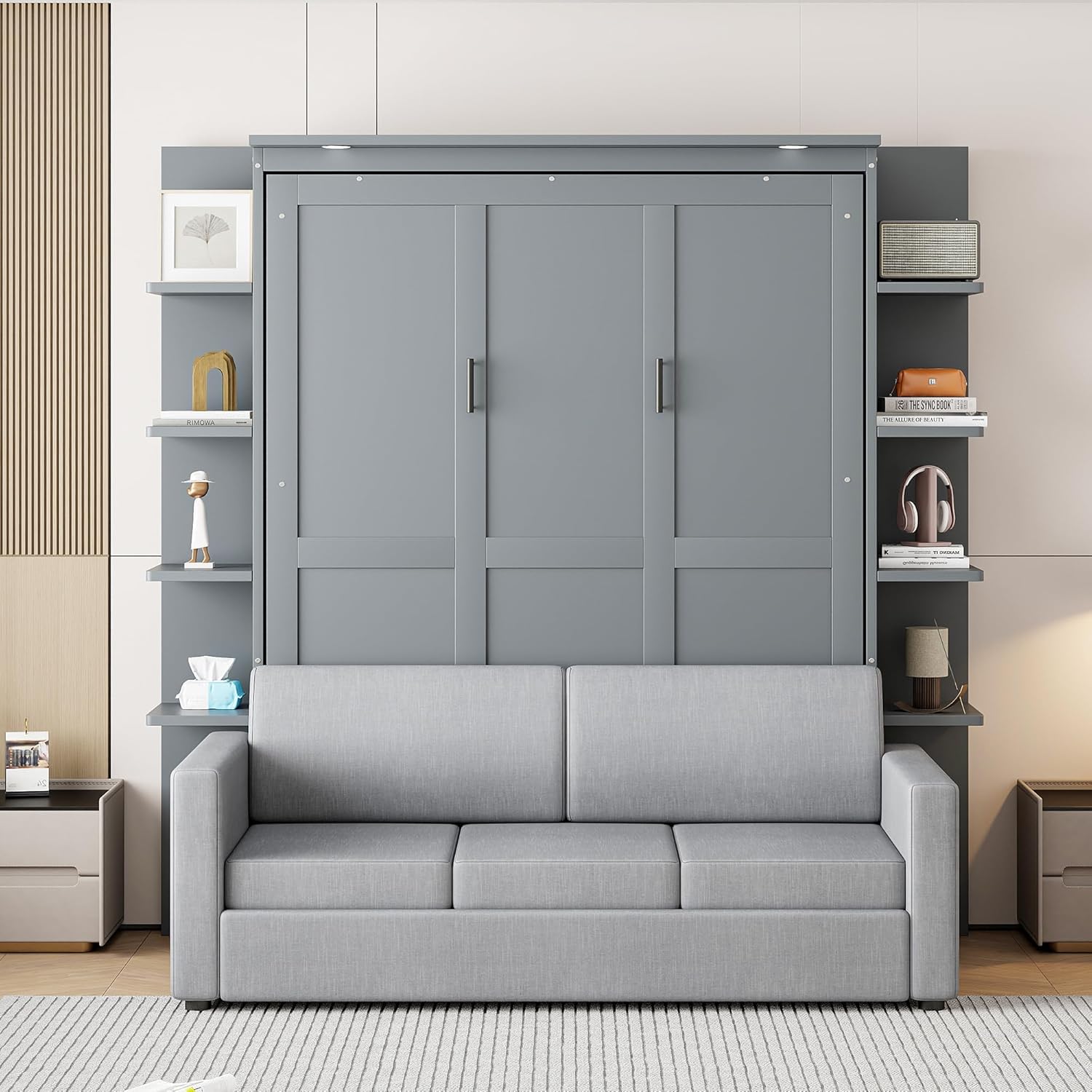 Queen Murphy Bed with Couch and Storage Shelves,Wood Murphy Bed Cabinet with Storage Shelves and Sofa,Folding Murphy Wall Bed Queen Size (Grey)