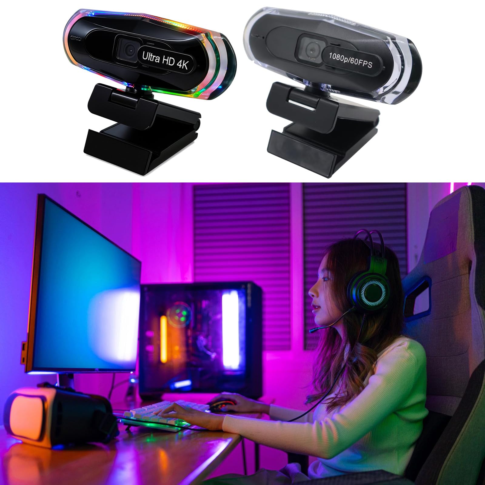Caméra d ' Ordinateur Webcam 1080P 60fps / 4K30fps, avec Mise Point Automatique et éclairage Couleurs Froides pour Les Joueurs, caméra à Mise Point Automatique