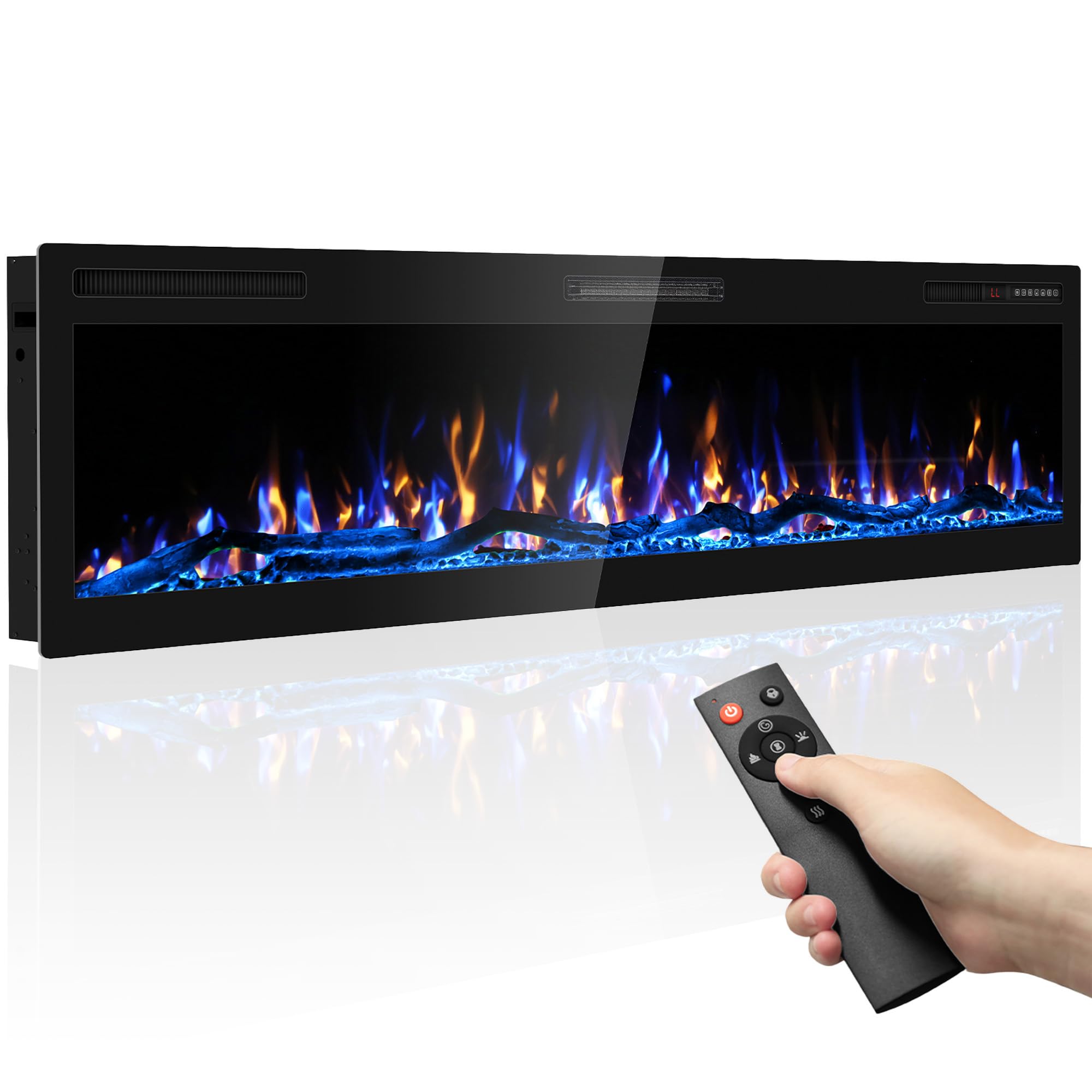 Ludatido 68 Inch Electric Fireplace Wall Mounted and Recessed with Remote Control, Color Adjustable/Realistic Flame W/Timer 1500/750W Fireplace Heater-(Pro/Log)
