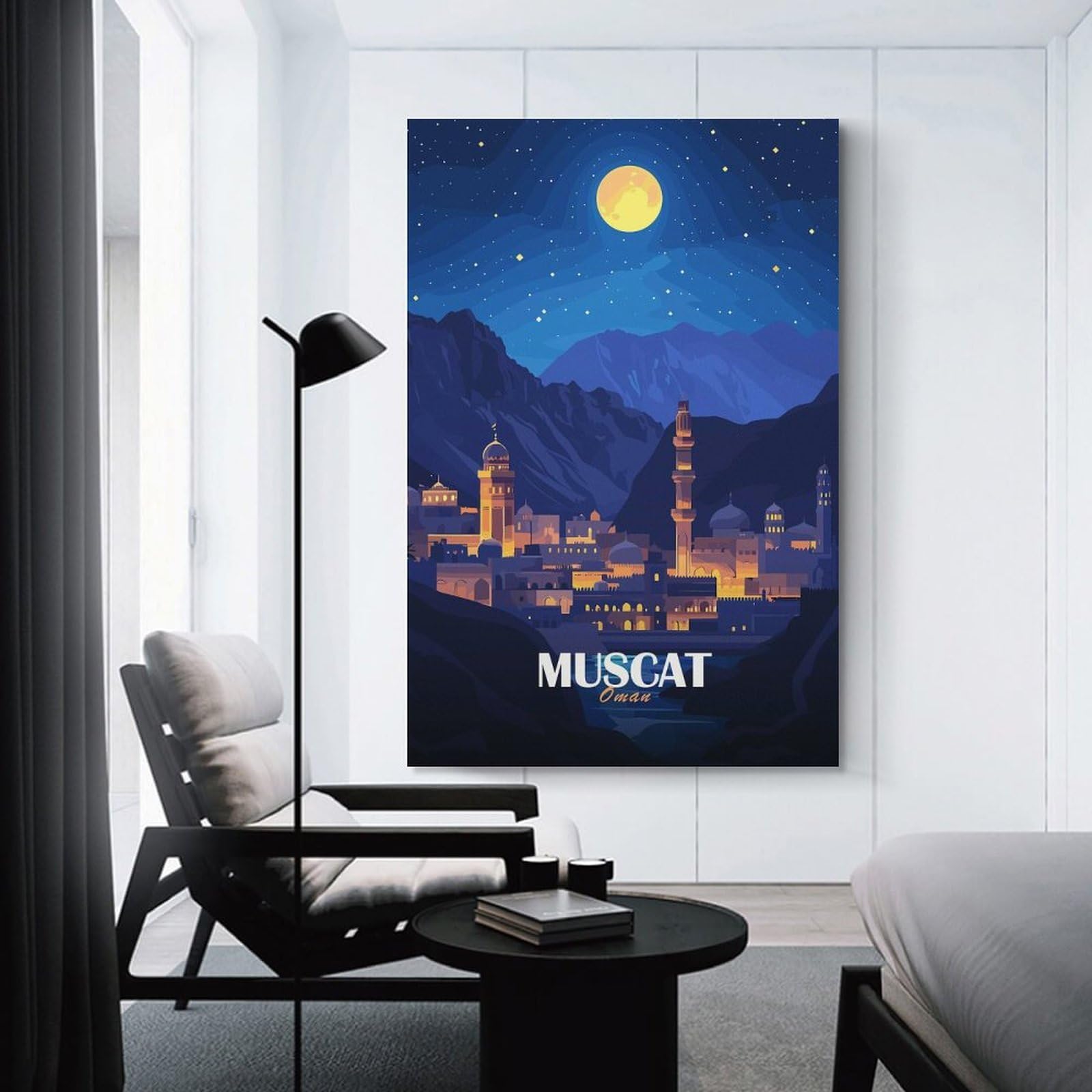 Junmoney Muscat, Oman Nightscape Illustration Decorative Canvas Print 16x24inch(40x60cm), for Corridors, Hallways Or Apartment Entries, Decorative Wall Art for Narrow Spaces