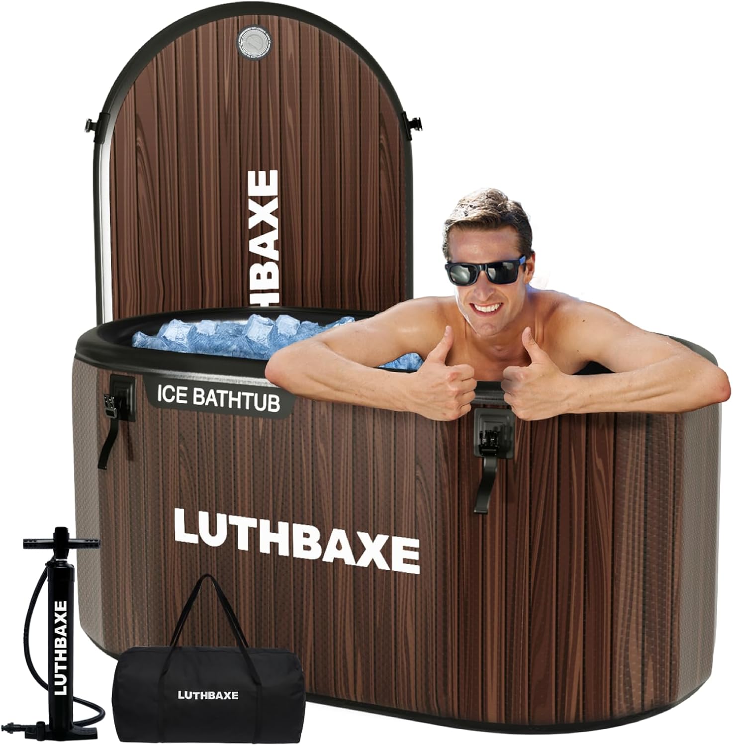Cold Plunge Ice Bath Tub, XL, Black, Portable Multiple Layered Pod Barrel for Athletes Recovery, Outdoor Cold Water Therapy, 67 x 31 x 23 Inches (59\"-Wood Grain Ice Bath)