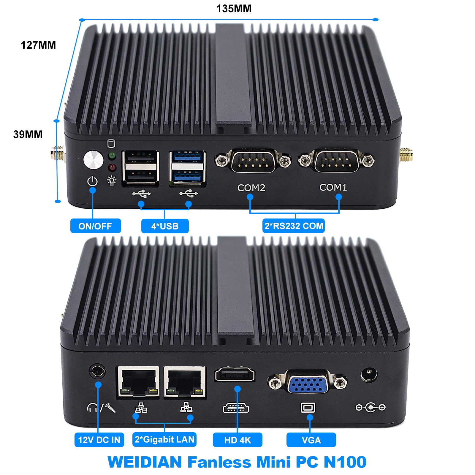 WEIDIAN Mini PC Industriale Fanless PC N100 16GB RAM 512GB SSD 2x RS232 COM | Computer Industriale 2x RJ45 LAN, HD VGA, 2x USB2.0 2x USB3.0, Win 11 Mini Computer Senza Ventola Supporto Auto Power On