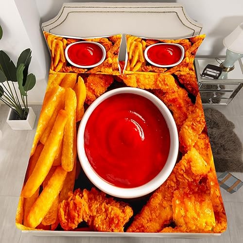 Miniatura 2 de Feelyou Juego de sábanas de pollo y comida tamaño individual, sábanas de papas fritas con bolsillo profundo, juego de sábanas ajustables para niños