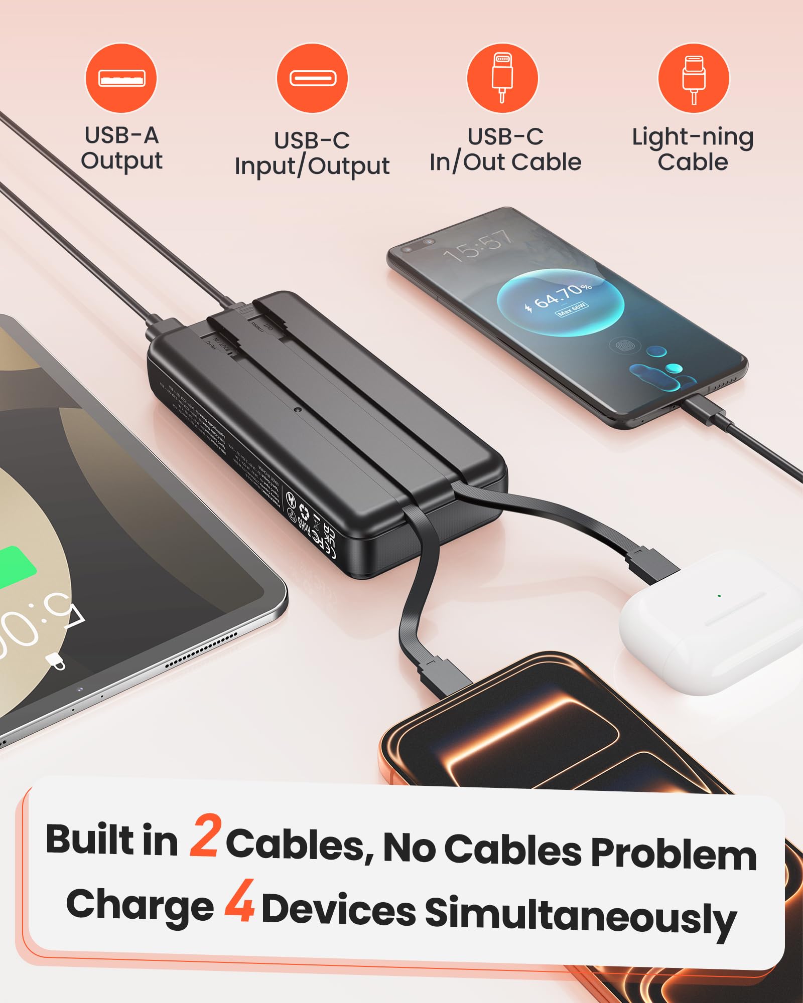 Solar Powerbank 27000mAh, Power Bank mit 2 Kabeln, 22,5W Schnelllade Powerbank Tragbares Ladegerät geeignet für Smartphones