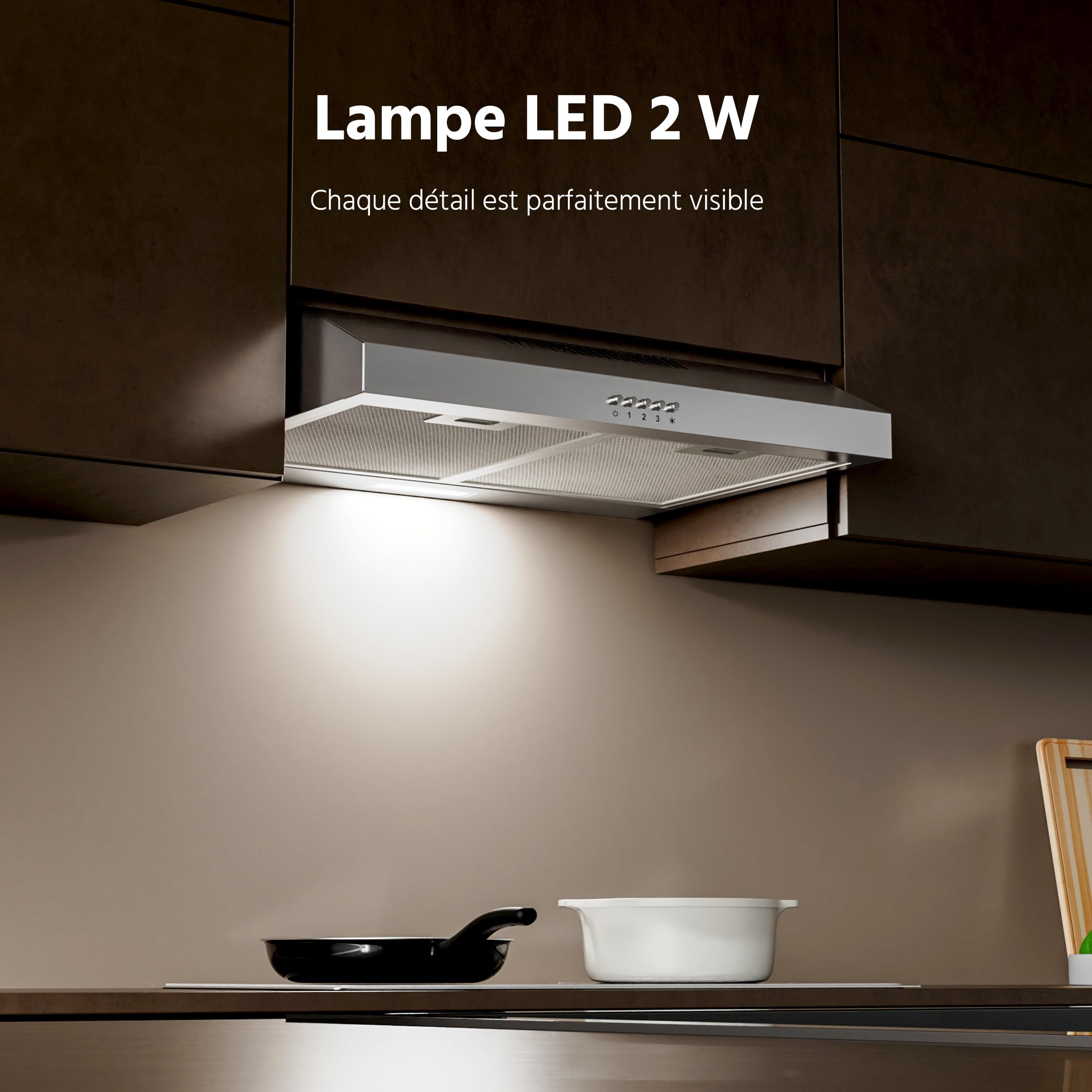 FIREGAS Hotte de Cuisine 60cm A++, Hotte Aspirante Inox Silencieuse avec Moteur sans Balais, 3 Vitesses, Éclairage LED, Mode Recyclage ou Évacuation, Idéal Petites Cuisines