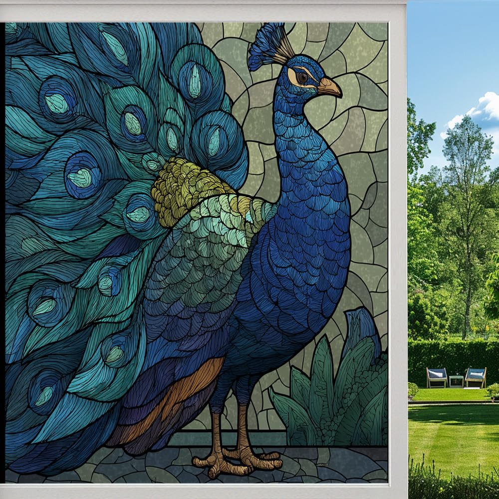 Abstract Blue Peacock Frosted Window Film, Abstract Bird Feathers Stained Glass Privacy Film, Heat Insulation Self-Adhesive Vinyl for Bathroom Office,（90x140cm）