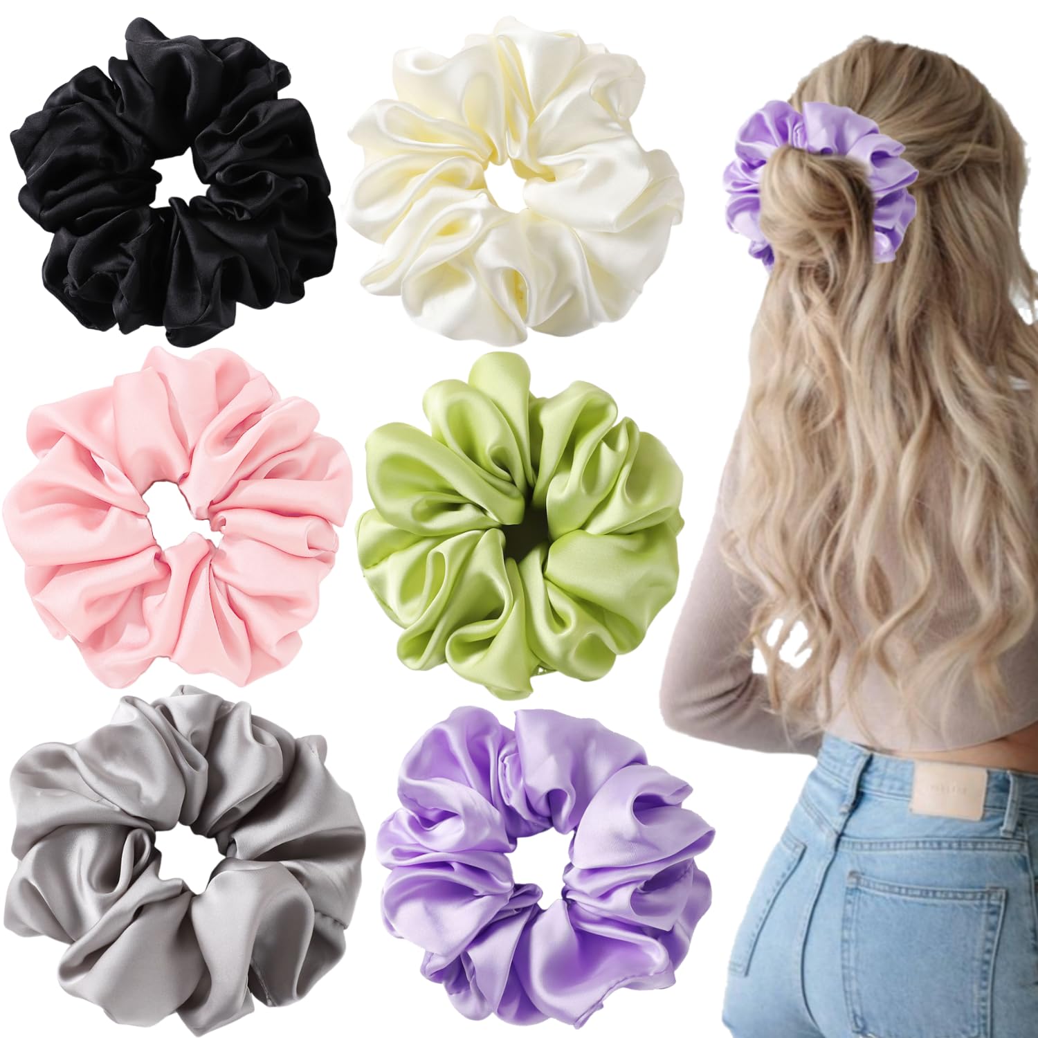 6 PCS Big Scrunchies for Women Large Satin Hair Ties No Damage