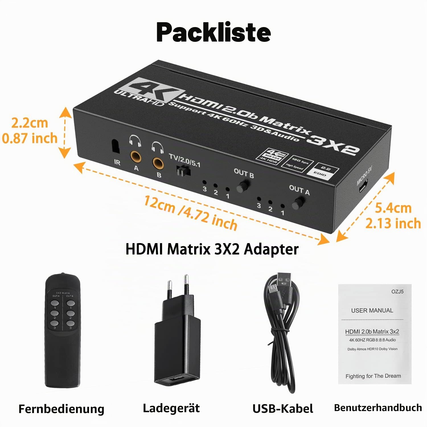 Tendak HDMI Matrix 3x2, 4K@60Hz HDMI Switch Matrix 3 In 2 Out Umschalter + Optisch Spdif & 3,5mm Stereo Audio Extractor Splitter Unterstützt HDCP 2.2 HDR 3D mit IR-Fernbedienung