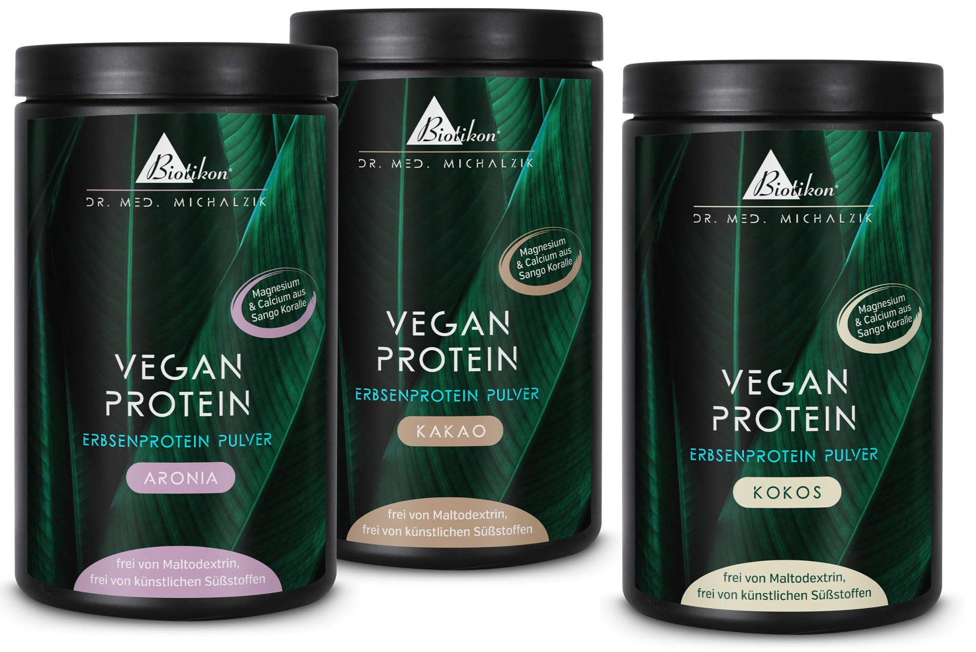 Proteine 3er-Pack Aronia Kakao Kokos, 20 g Erbsenprotein, 1600 g Pulver | Mit Erbsenprotein, Kokosmilchpulver, Calcium und Magnesium • eigene deutsche Produktion • ohne Zusätze