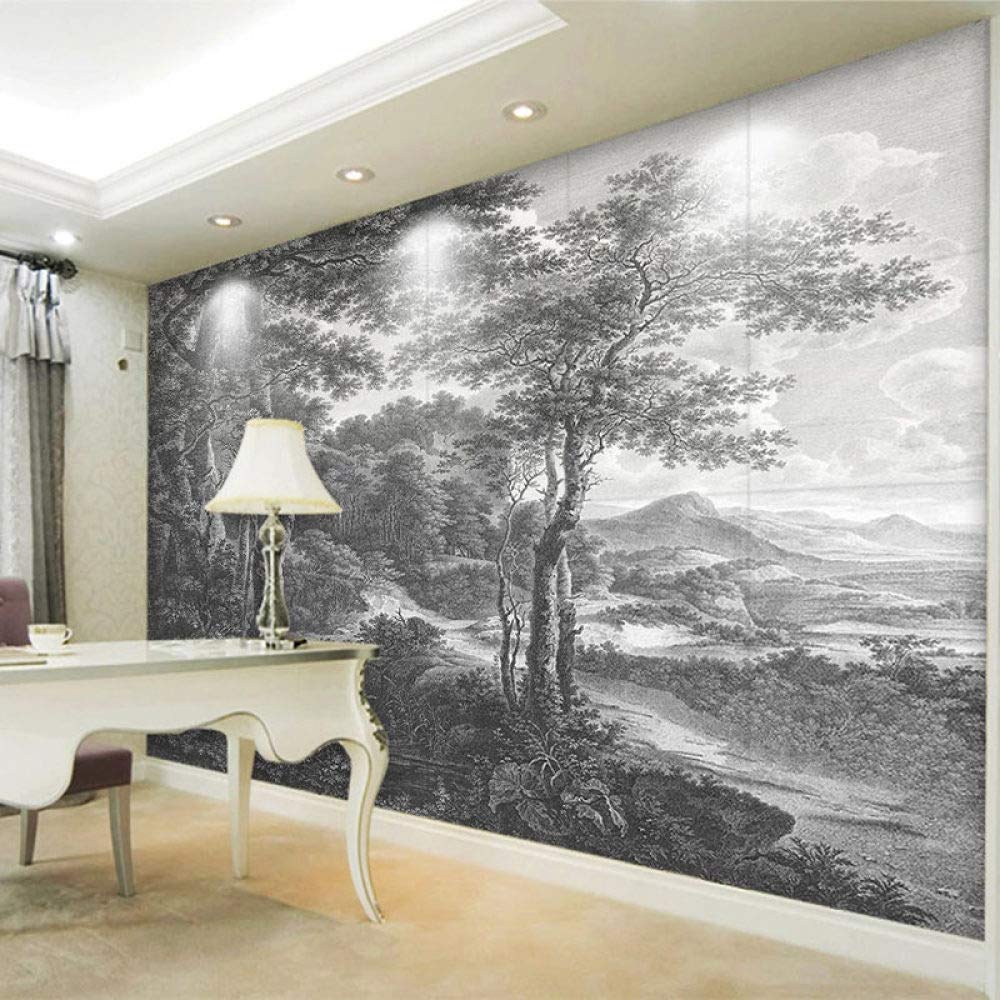 Carta Da Parati,Retro Alberi ali In Bianco E Nero Paesaggio Grande Carta Da Parati Autoadesiva Buccia E Bastone Carta Di Contatto Staccabile Vinile Murale Adatto Per Camera Da Letto Decorativa
