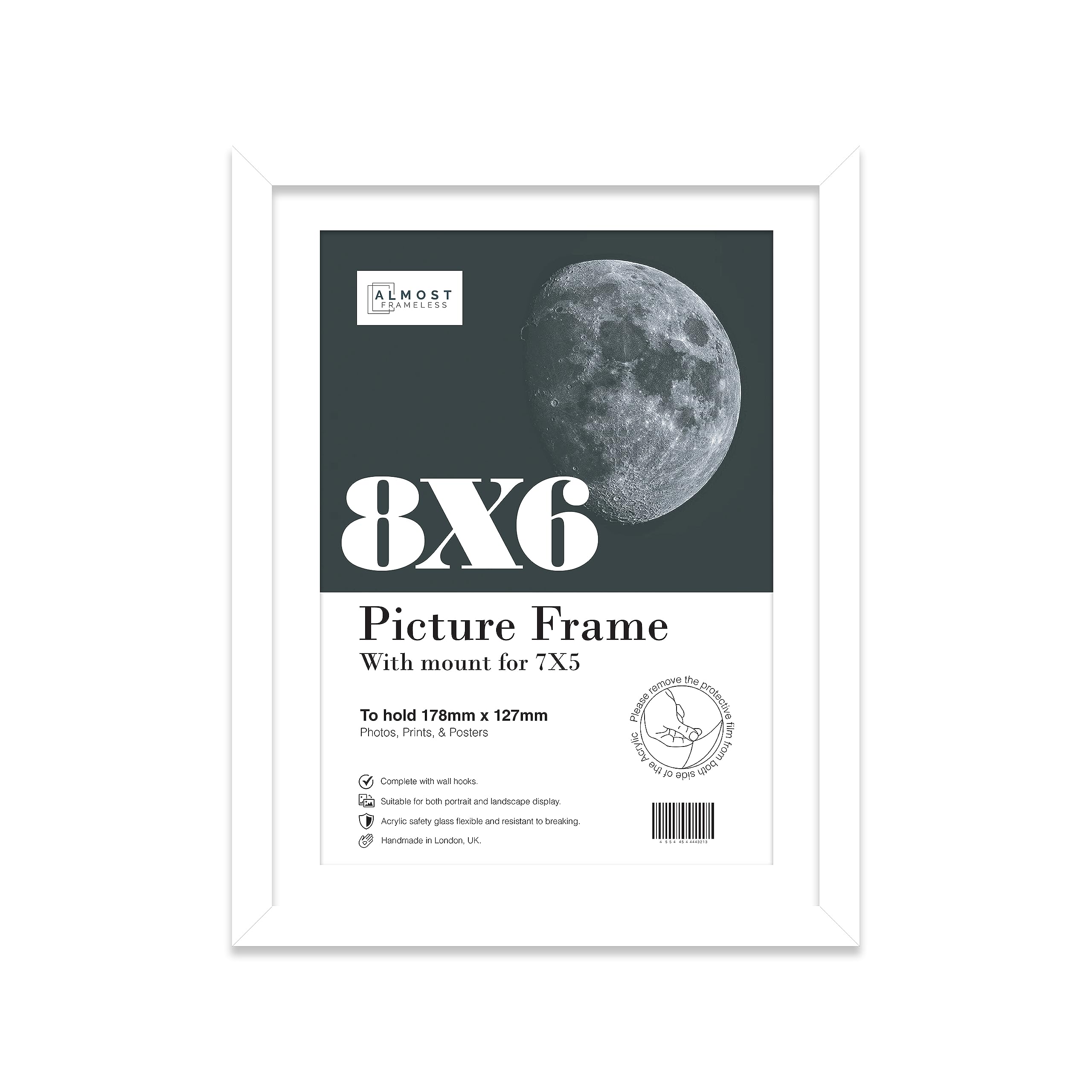 Almost Frameless 8x6 White Picture Frame With Mount for 7x5 Print, Poster or Photo Poster, Photo, Artwork, or Print. Thin Edge Slim Frame Portrait and Landscape Display with Wall Hooks