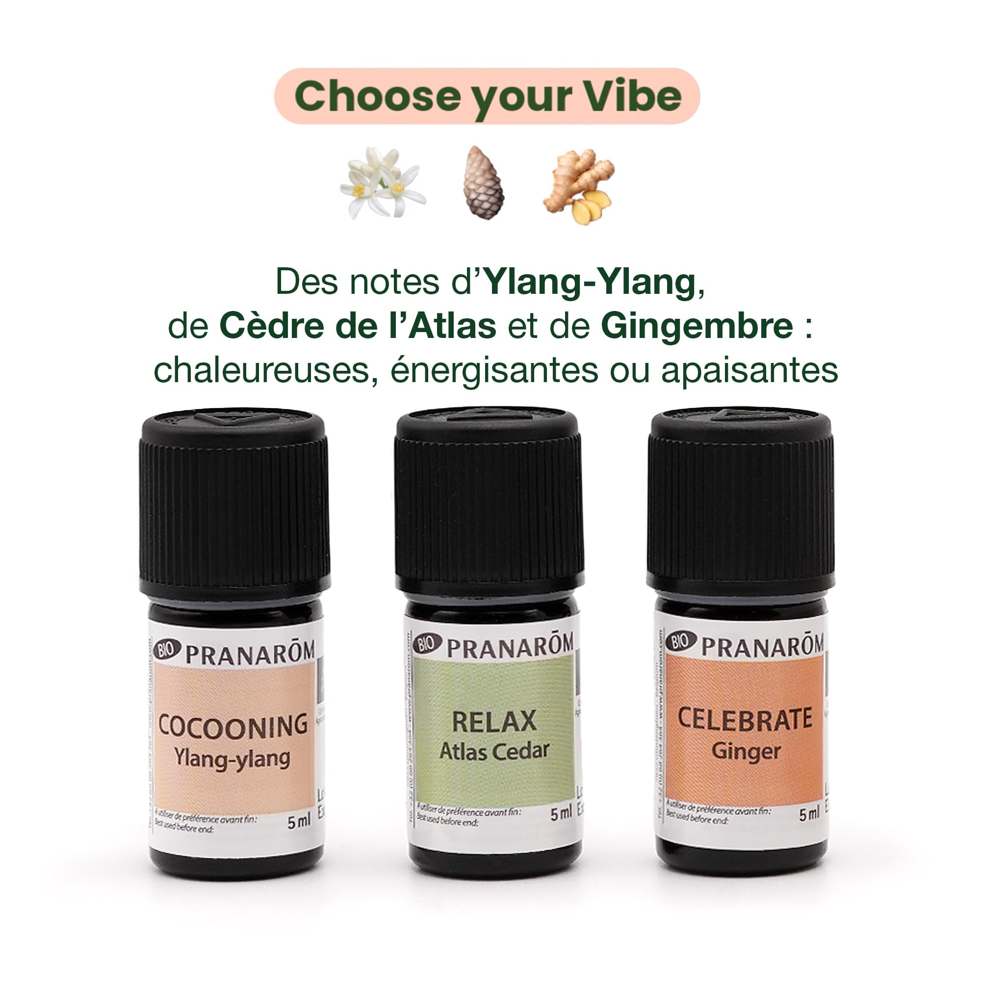 PRANARÔM - LES DIFFUSABLES - Coffret Choose your vibe - 3 synergies d'Huiles Essentielles - Diffusion - 3x5ML - BIO