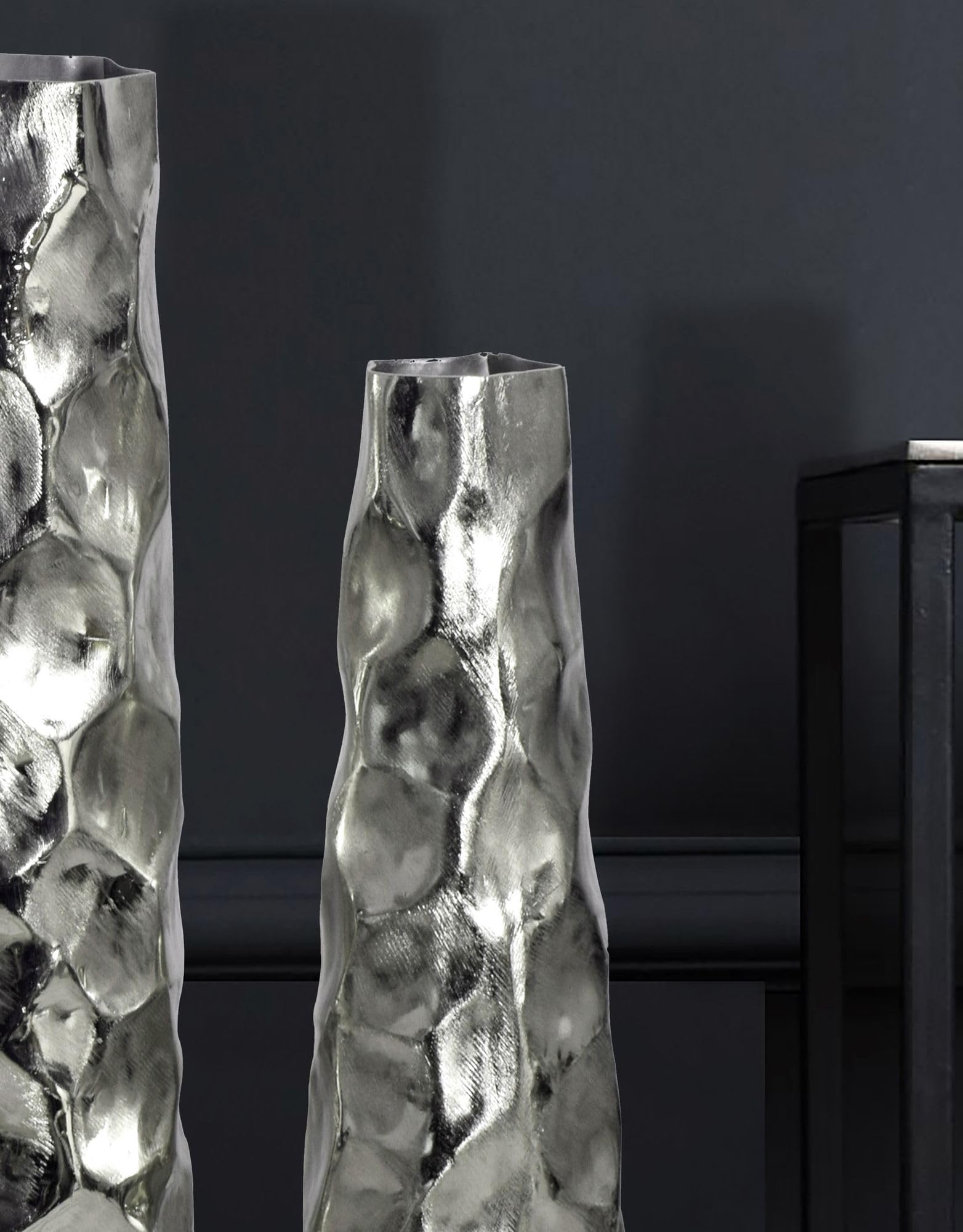 FineBuy Vase 2er Set Aluminium Silber Hammerschlag, Blumenvase | Dekovasen rund, Tischvasen handgefertigt, Wohndeko für Wohnzimmer, Sideboard und Esstisch, Tischdeko