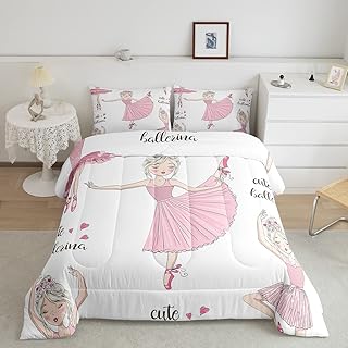 Ballet Princess Bedding Comforter Sets 2 Piece Ballet Dancer Girls Bedding Set Twin Cute Kawaii Duvet Insert Cartoon Style Quilted Comforter for Kids Teens Women Decorative Girly Home Decor,White Pink