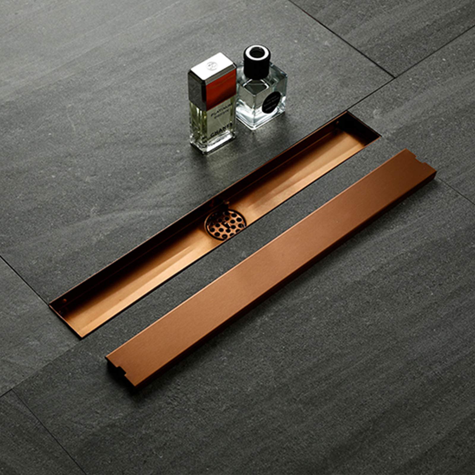 Scarico doccia lineare oro rosa, scarico bagno in acciaio inox 600 mm, scarico a pavimento rettangolare con inserto lineare antiodore
