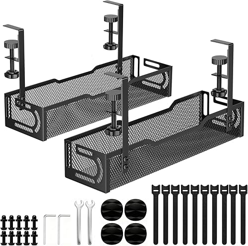 Paquete de 2 bandejas de gestión de cables debajo del escritorio, bandeja de cables de escritorio de malla sin taladro, bandeja de gestión de