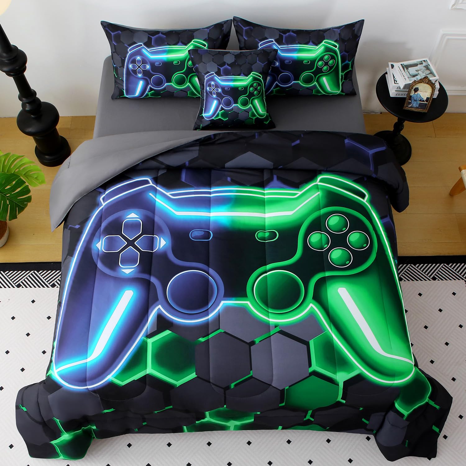 JQinHome Twin Gaming Bedding Set 6-Piece Comforter for Kids Teens - 3D Video Game Console Print Bed in a Bag with Ultra-Soft Fluffy Sheets, Blue-Green Unisex Design (Twin)
