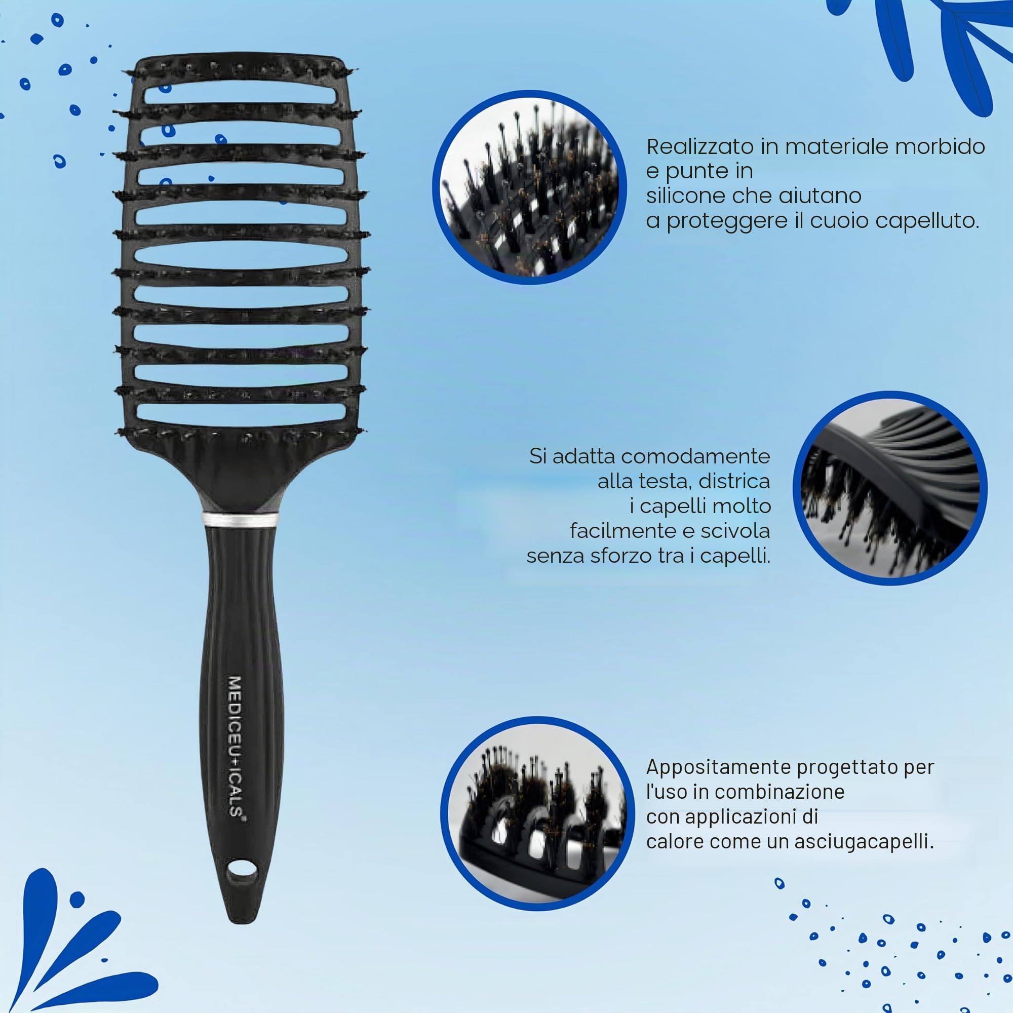 Mediceuticals - Spazzola Professionale Scalpro per Tutti i Tipi di Capelli, Nero
