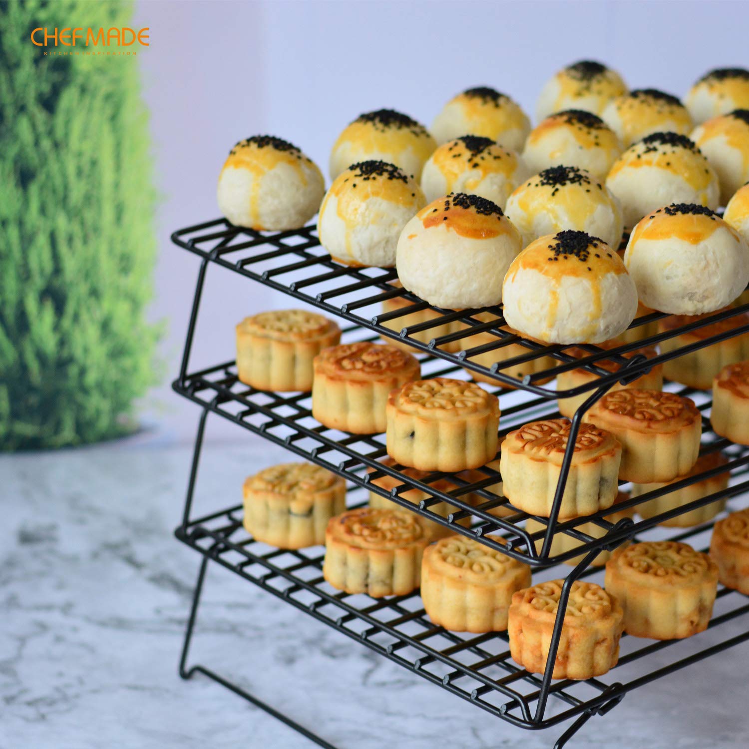 CHEFMADE Rejilla para hornear y enfriar, Estantería de alambre rectangular plegable antiadherente de 3 niveles de 13,5 pulgadas para hornear en el horno (oro champán)