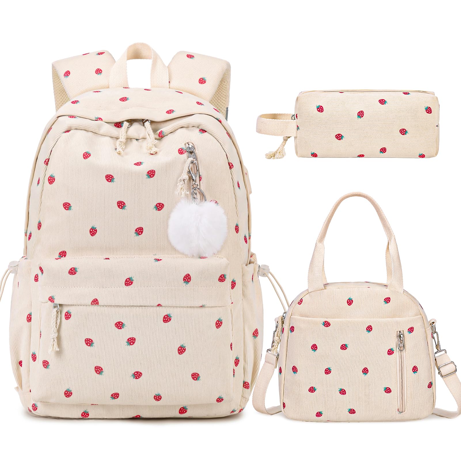 ACESAK Backpack for Girls - Corduroy Girls Backpack with Lunch Bag & Pencil Pouch for Teen Kids Laptop Backpack for Women, Middle High School Bookbag