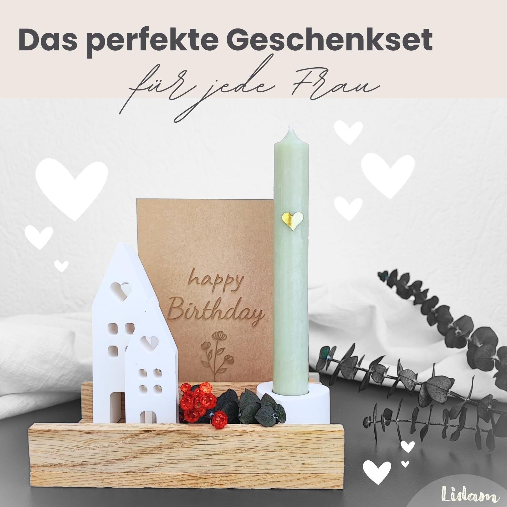 Kerzen Geschenkset zum Geburtstag | Geschenk für Frauen oder Freundin | Mitbringsel | Lichterhäuser Kerze Deko mit Trockenblumen