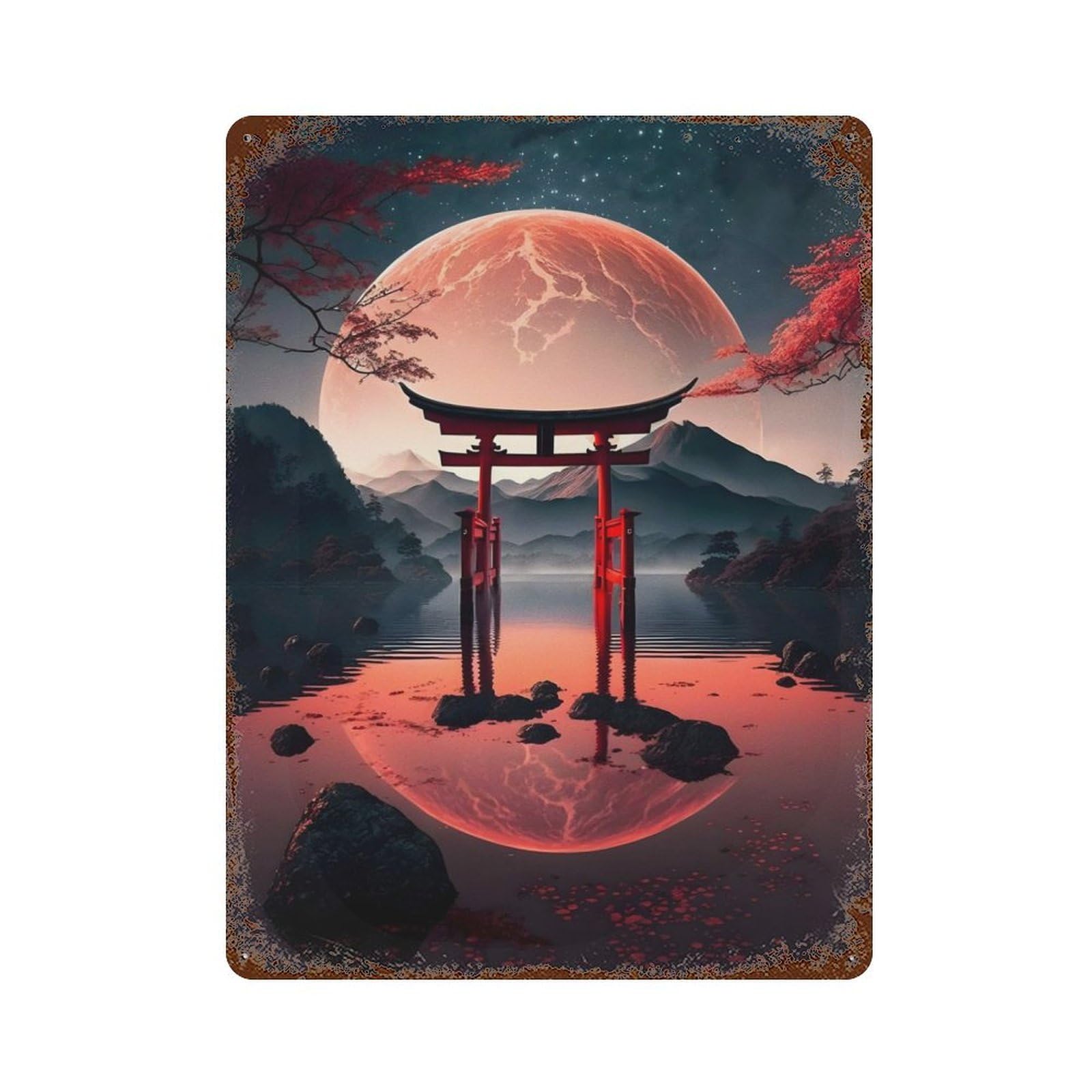Majestic Lake Torii Gate Vintage Wall Sign 15.7"x11.8", Rust Effect Metal Decor for Farmhouse, Kitchen And Entryway Decor