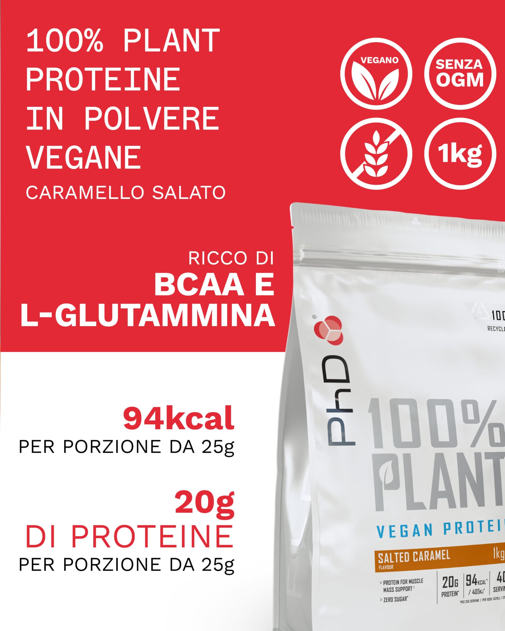 PhD Nutrition 100% Plant Protein in Polvere vegana 1kg Caramello Salato - Proteine vegane ad alto contenuto con 20g per porzione, 3,6g di BCAA, senza zuccheri e calorie ridotte.
