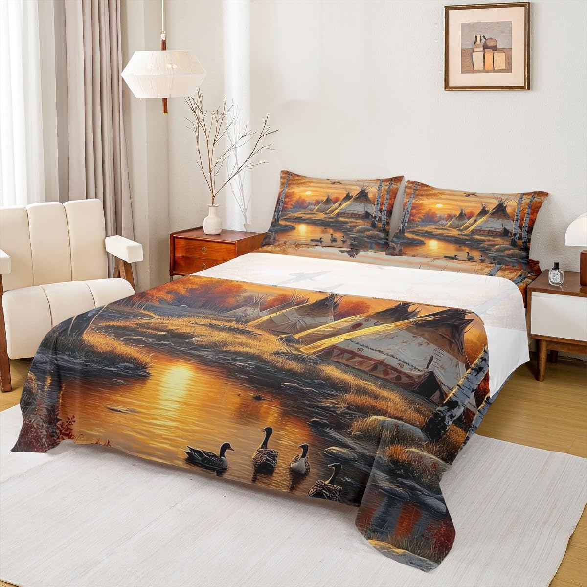 Homewish Mallard Duck - Juego de ropa de cama doble | Sábanas rústicas de casa de cabaña para niños y adultos, juego de sábanas de caza y pesca, sábanas bajeras de pato salvaje del bosque, 4 piezas