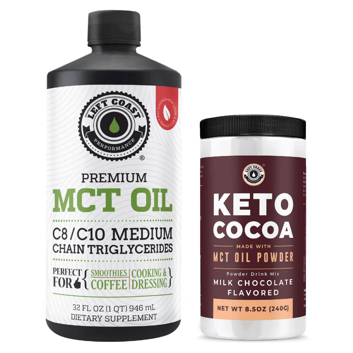 Left Coast Performance 100% Coconut MCT Oil Liquid, 32oz + Keto Coco Drink Mix, 8.5oz