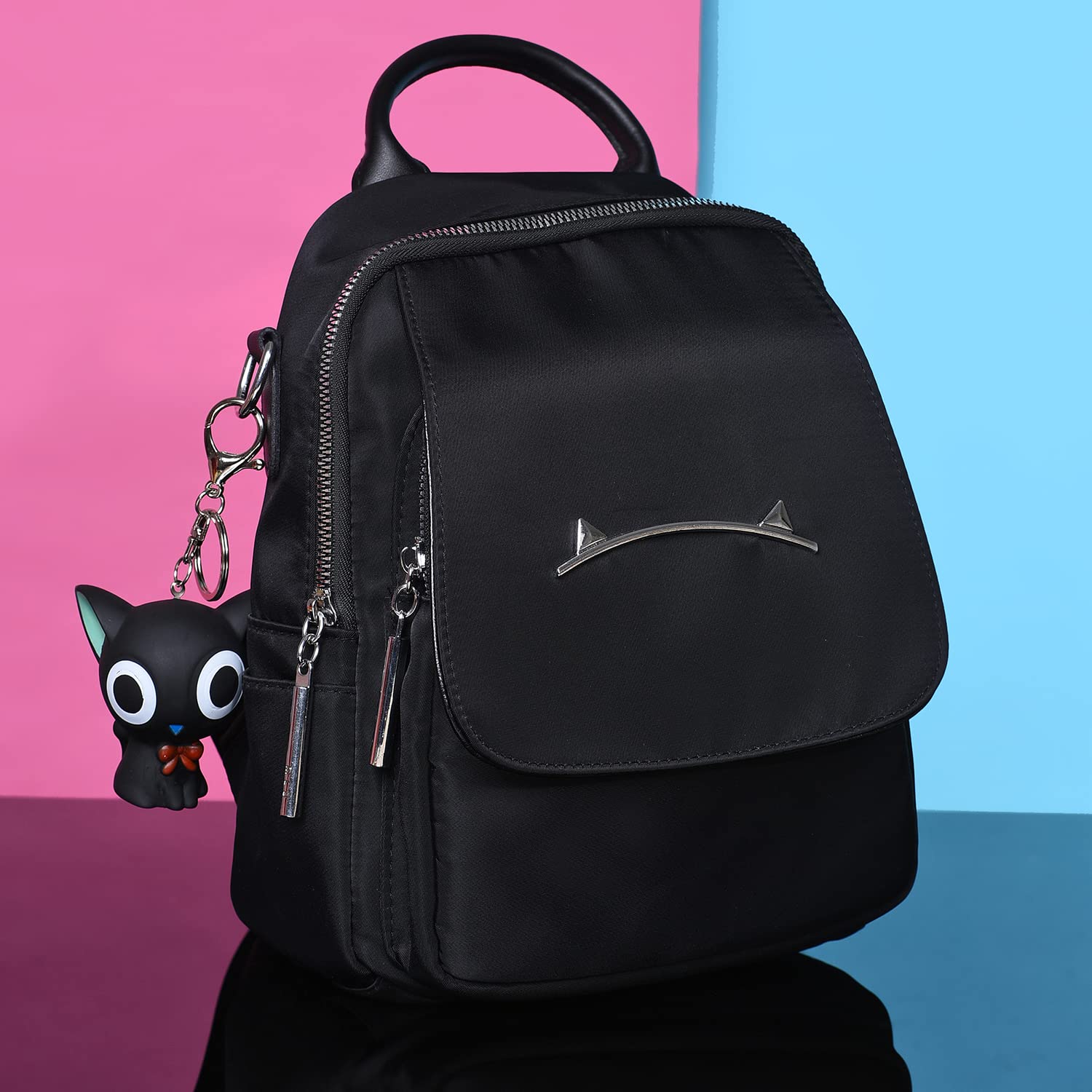 Haute Sauce Solid Black Backpack for Women & Girls | college bag for women | Bag For Women | Trendy, Cute, Fancy, Stylish, Backpack, Bagpack, Handbag, Backbag | 2 compartments | 3 Handles | 1 keychain 1