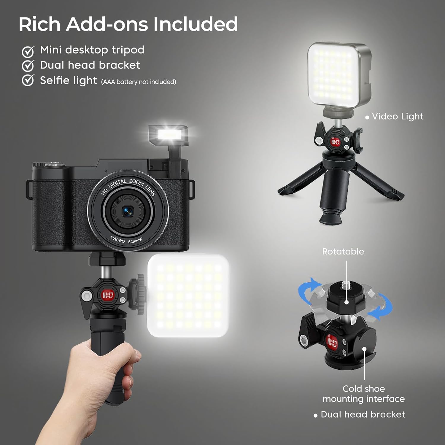 5K Digital Camera for Photography 64MP WiFi Vlogging Camera for YouTube Auto-Focus Video Camera with Flip Screen Compact Digital Cameras with Batteries, Selfie Light, Desktop Tripod