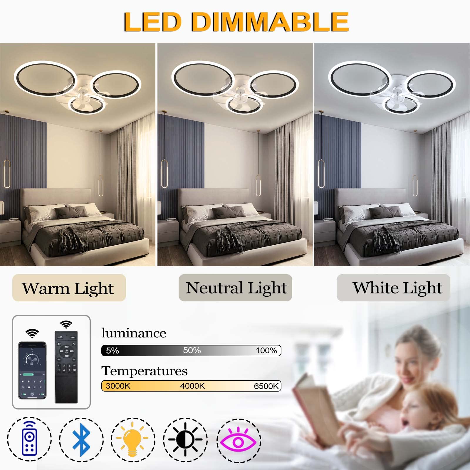 YUNZI Moderno LED Ventilatore da Soffitto con Luce E Telecomando Silenzioso 3 Velocita Dimmerabile Camera Ventilatore da Soffitto con Luce 52cm con Timer Soggiorno Lampada Ventilatore Soffitto,Nero