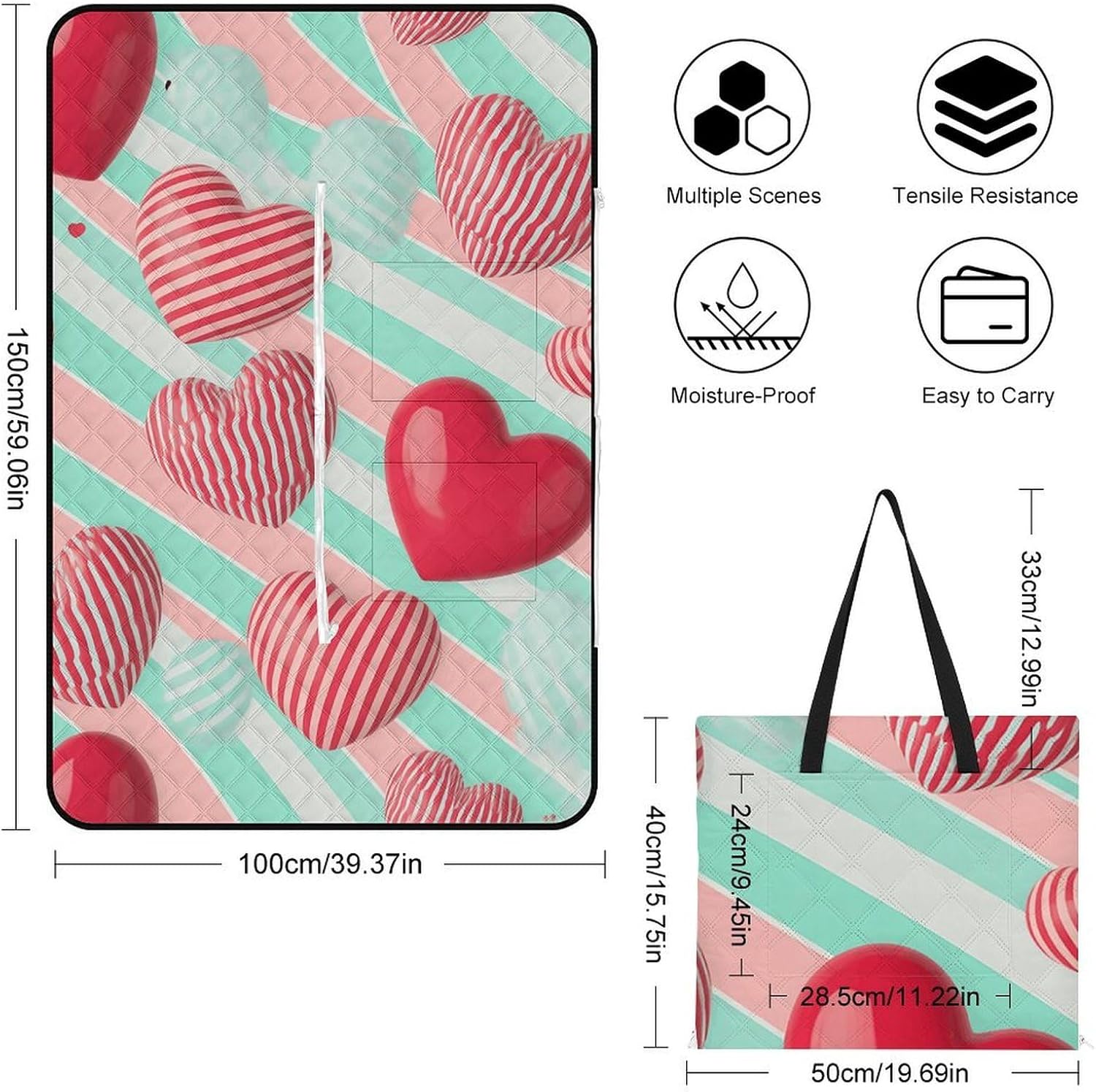 Stripes Heart Picnic Blanket 150x100cm, Foldable 2-in-1 Picnic Mat and Tote Bag Portable Waterproof Beach Mat Sandproof Outdoor Blanket for Park, Hiking, Beach, Camping, Travel