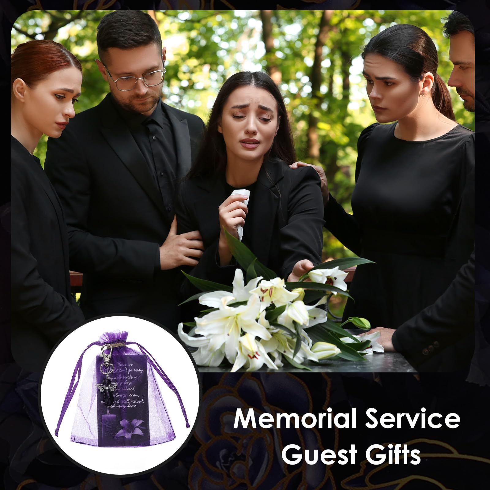 Set di 60 bomboniere funerarie, portachiavi viola con strass con biglietti di ringraziamento e sacchetti in organza da 10 x 10 cm, regali per ospiti, simpatia e ringraziamento