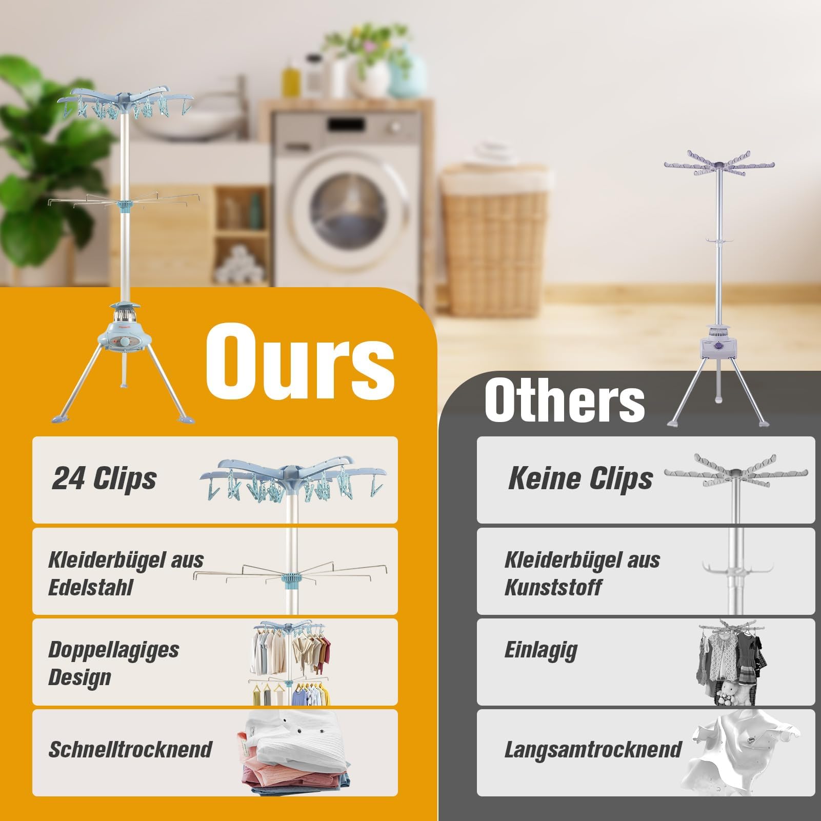 ColdShine Elektrischer Wäschetrockner Tumble Dryer 2-stufiger Faltbarer elektrischer Wäscheständer aus Edelstahl Trockner mit Time 10 kg Kleidung Automatische Abschaltung