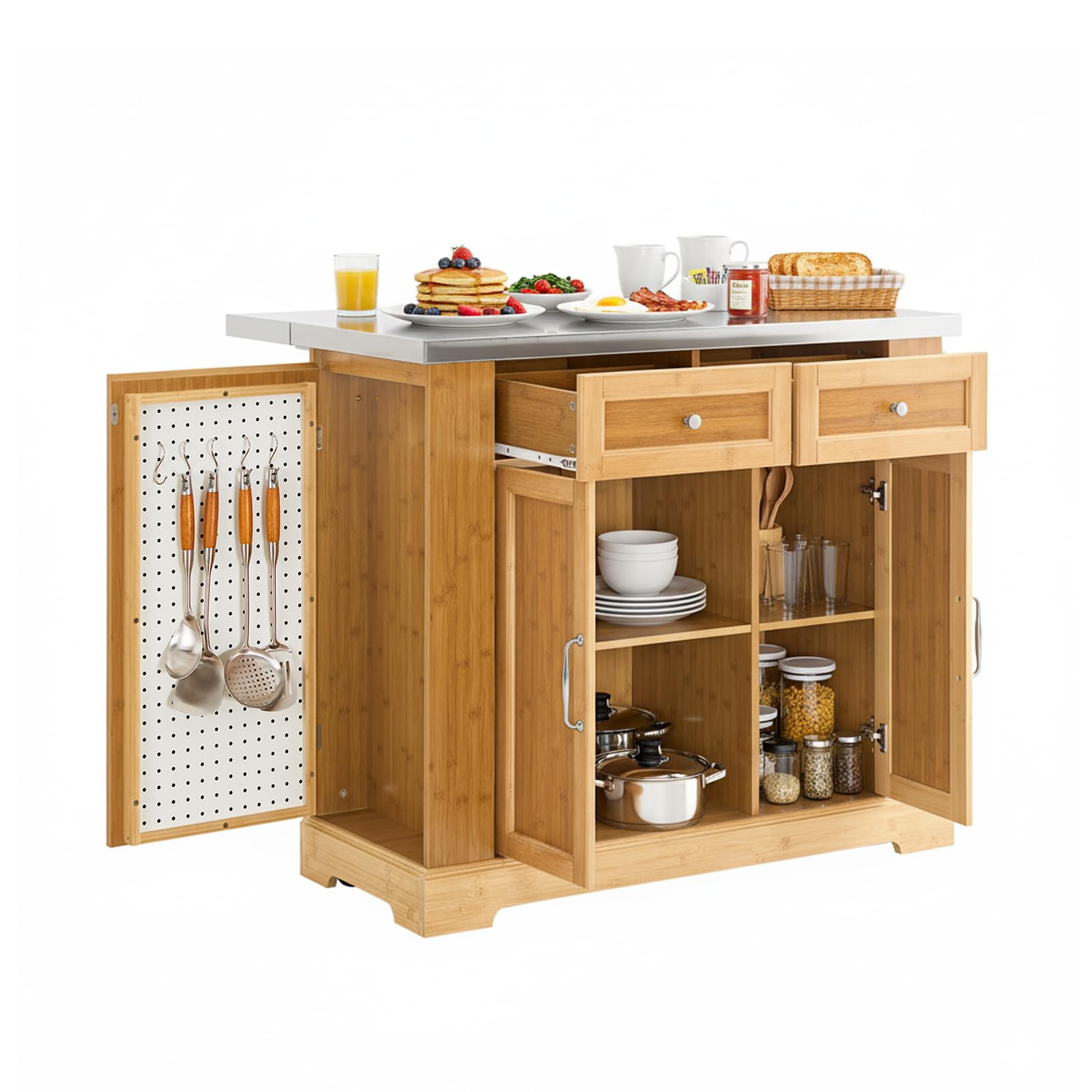 SoBuy Isola Cucina su Ruote con Piano di Lavoro Estendibile, Mobiletto Salvaspazio, Carrello da Cucina con Ruote, con Due Cassetti e Ripiano Regolabile Naturale 107x(46–71) x92,5 cm FKW130-N
