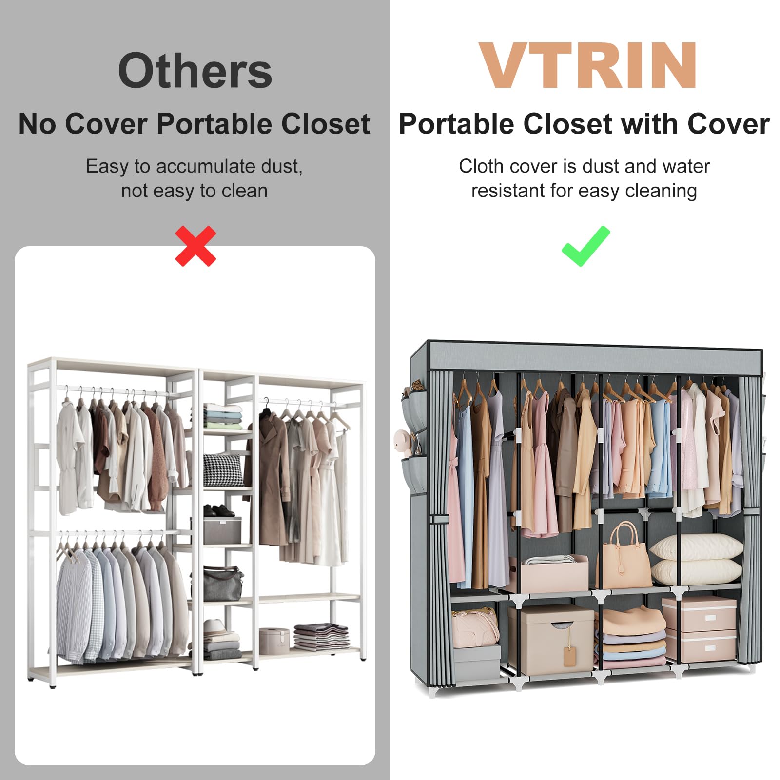 VTRIN Tragbarer Kleiderschrank, 170 cm breit, großes Fassungsvermögen, tragbar, mit Abdeckung, 4 Ablageböden und 4 Hängestangen, robuster Schlafzimmerschrank, Grau
