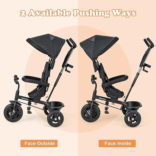 Miniatura 5 de BABY JOY Triciclo para niños pequeños triciclo plegable con asa ajustable para padres toldo bolsa de almacenamiento arnés de seguridad y frenos de