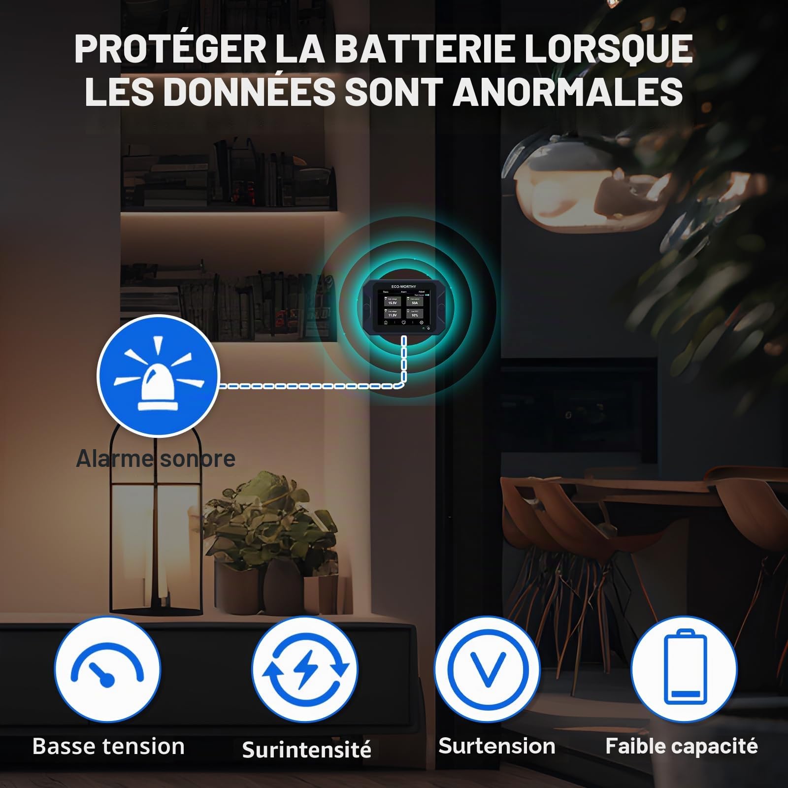 ECO-WORTHY Moniteur de Batterie 300A avec Capteur Hall, Moniteur de Batterie 9-80V pour Batterie Li-ion/LiFePO4/AGM/Gel dans Système Solaire/Chariot/RV
