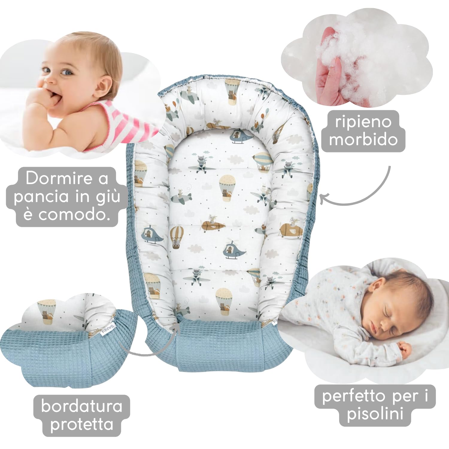 Nido per Neonato, 100% Cotone Biologico, Riduttore per Culla, Mini Culla Portatile Morbida e Traspirante, Ideale per i Viaggi, Prodotto in Spagna (Palloncini)