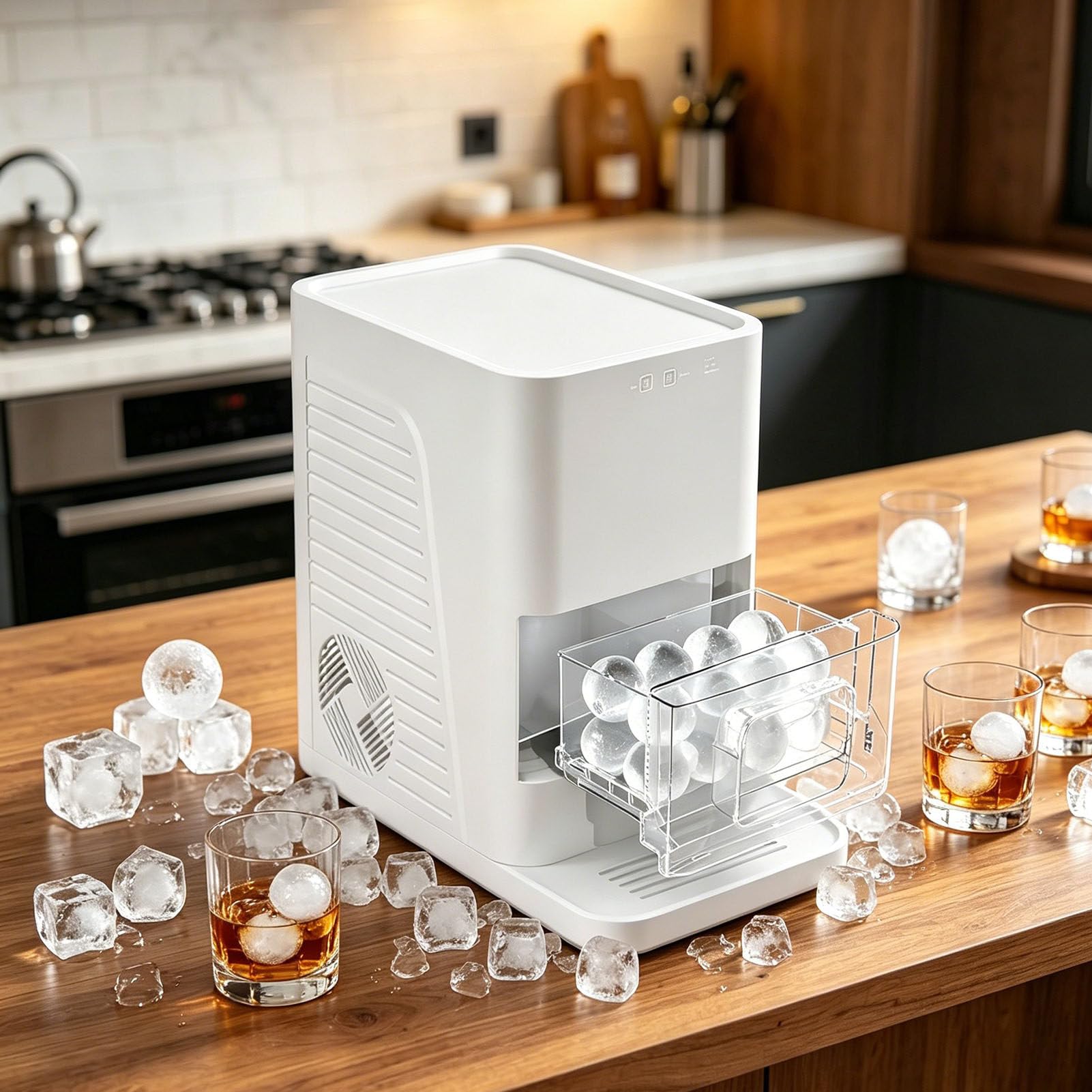 2" Ice Ball Maker Countertop, 2Pcs Ready in 60-90Mins, 42Pcs/Day, Self-Cleaning Sphere Ice Maker Machine, Round Ice Cube Maker for Whiskey & Bourbon White