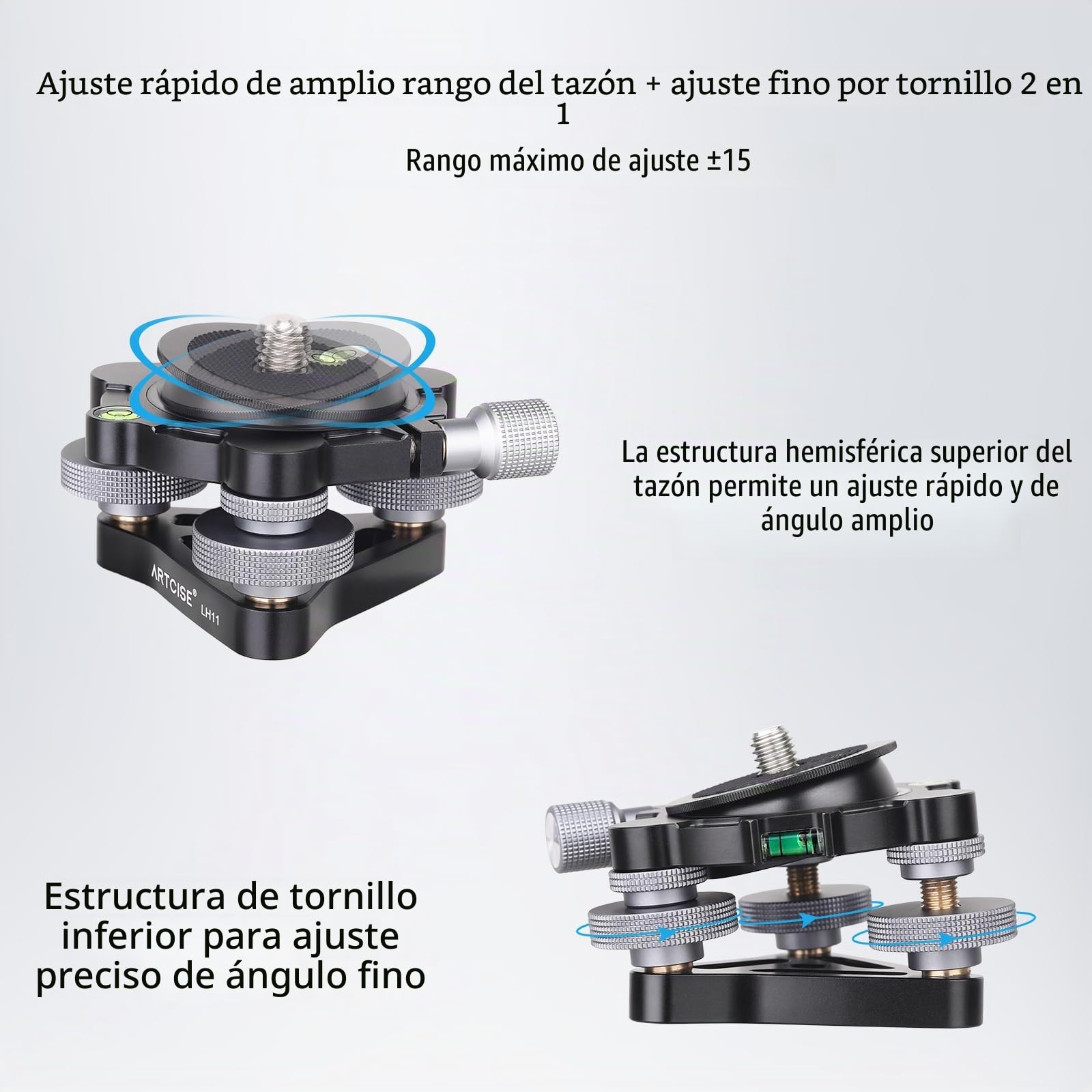 Base de nivelación de Tres Patas con diámetro ∅85 mm, Placa de Cabeza de trípode Ajustable -15°/+15° de inclinación, con 3 Niveles de Burbuja y 3 Ruedas/Ajuste panorámico de precisión de -5 Grados
