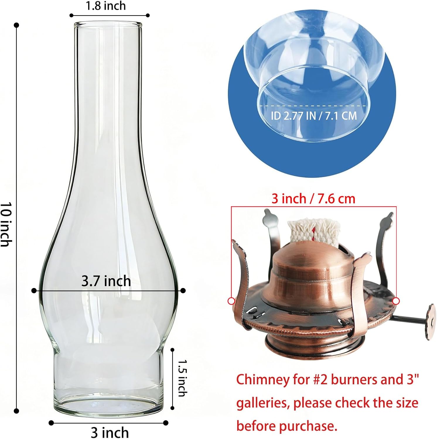 Oil Lamp Chimney Replacement 3 Inch Base by 10 Inch Tall Clear Glass Shade for Kerosene Oil Lamps Chimney Parts & Accessories