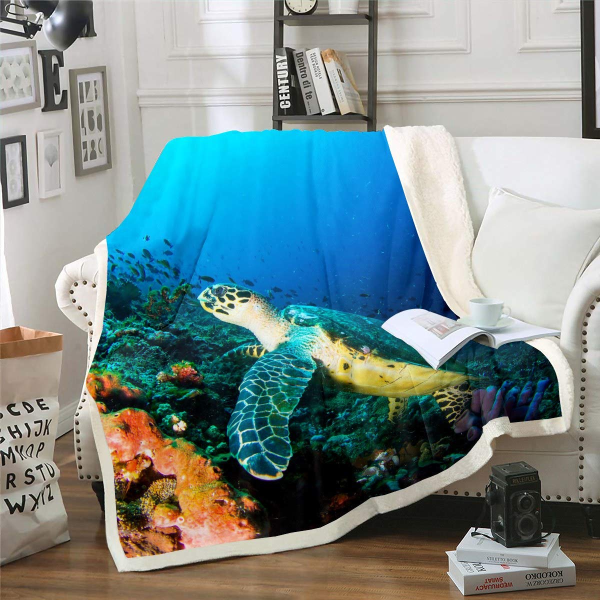 Loussiesd Colour33 Sea Turtle Fleece Blanket Reptile Printed Sherpa Blanket For Chair Sofa Couch Ocean Marine Themed Fuzzy Blanket 3D Underwater Animal Plush Throw Blanket Room Decor Baby 30"X40"