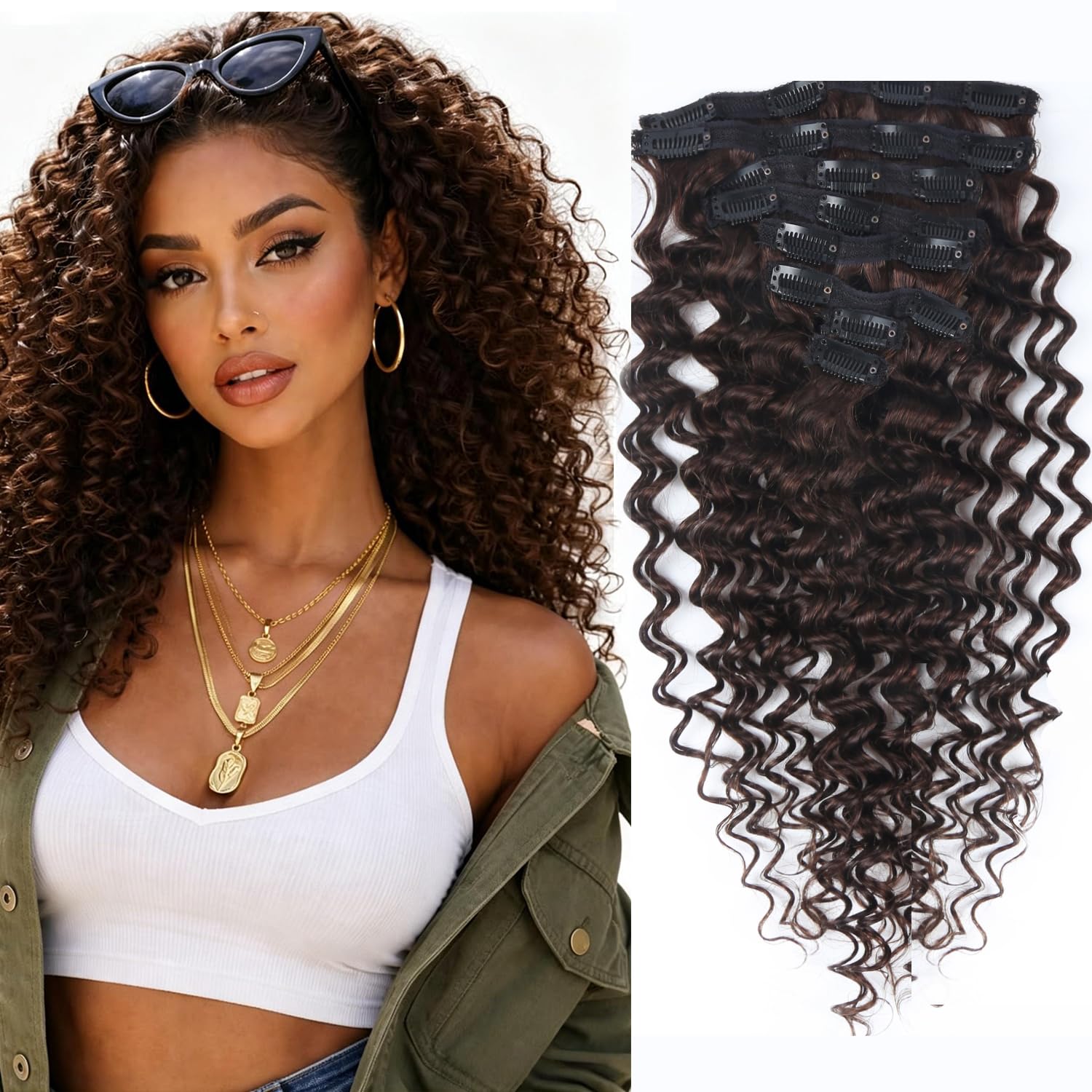 Dunkelbraune Clip in Haarverlängerungen Aus Echtem Menschenhaar, 18 Zoll 45CM 120g 8Stück #2 Braune Echthaarverlängerungen Weiche Tief Gewellte Lockige Clip in Extensions Aus Remy Echthaar Für Frauen