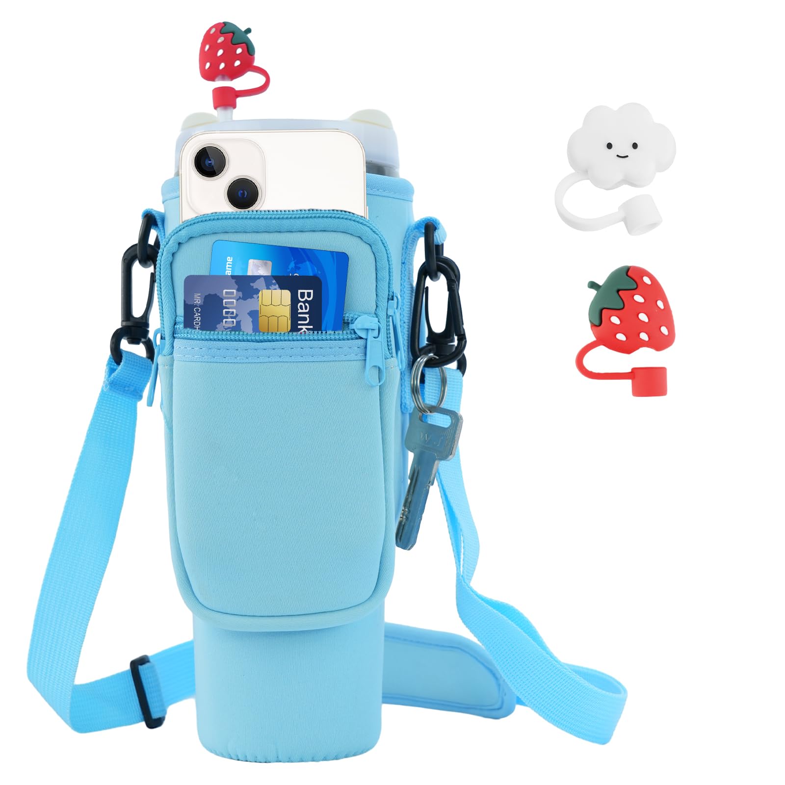 Water Bottle Carrier Bag With Phone Pocket for Stanley 40/30oz Tumbler, Neoprene Holder Pouch With Adjustable Strap, 2 Straw Covers & Carabiner for Cup Accessories