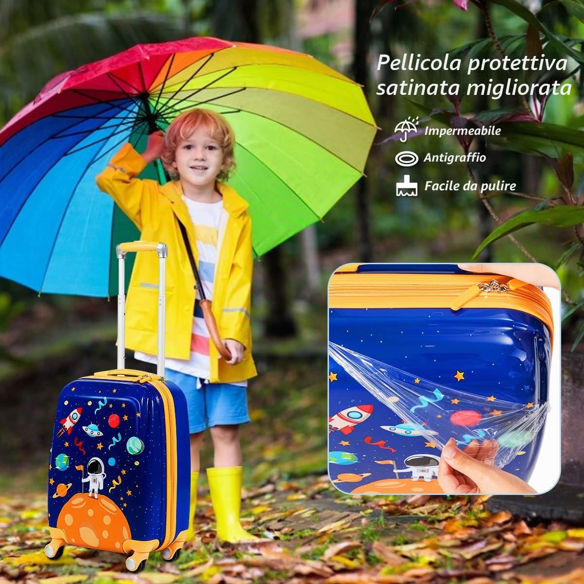 GOPLUS Set di 2 Pezzi da Viaggio, Valigia e Zaino per Bambini, Valigetta con 4 Ruote, Rosa/Blu, con Disegni Multicolore e Carini (Astronauta)