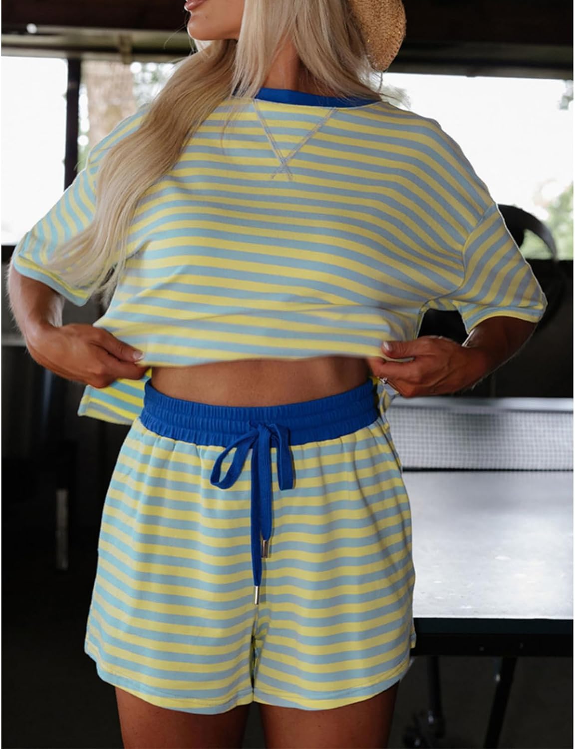 Womens Lounge Two Pieces Sets Summer Striped Matching Pajamas Set Short Sleeve Tshirts Drawstring Shorts Outfits
